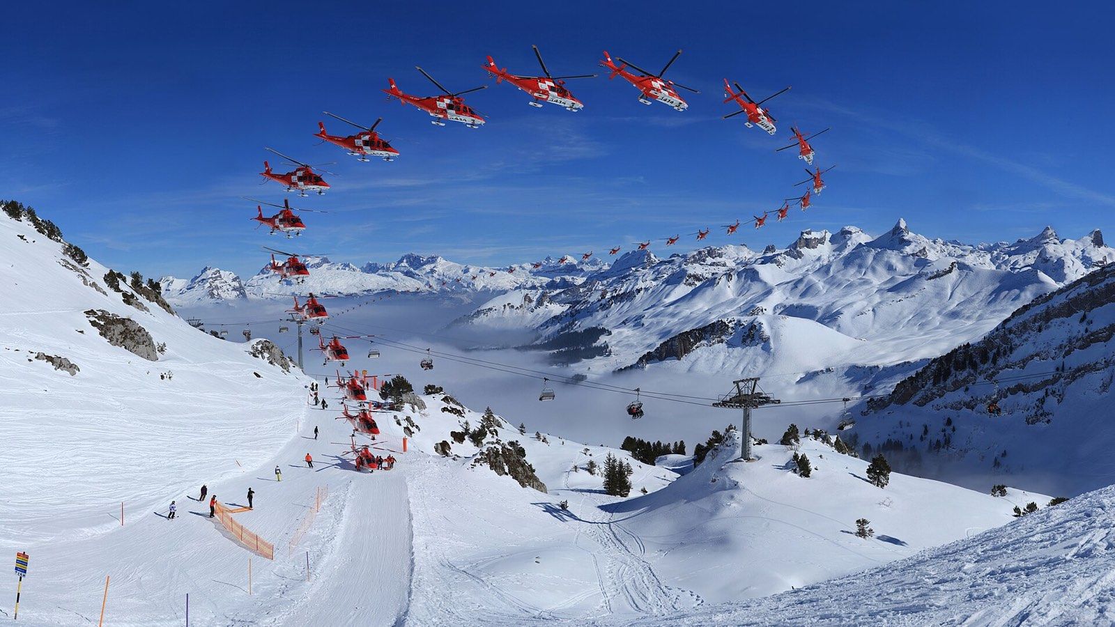 Rescue helicopter over the mountains