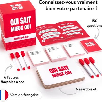 Tous les éléments du jeu Qui sait mieux qui : la boite, 150 cartes, 6 ardoises, 6 feutres et 1 règle du jeu