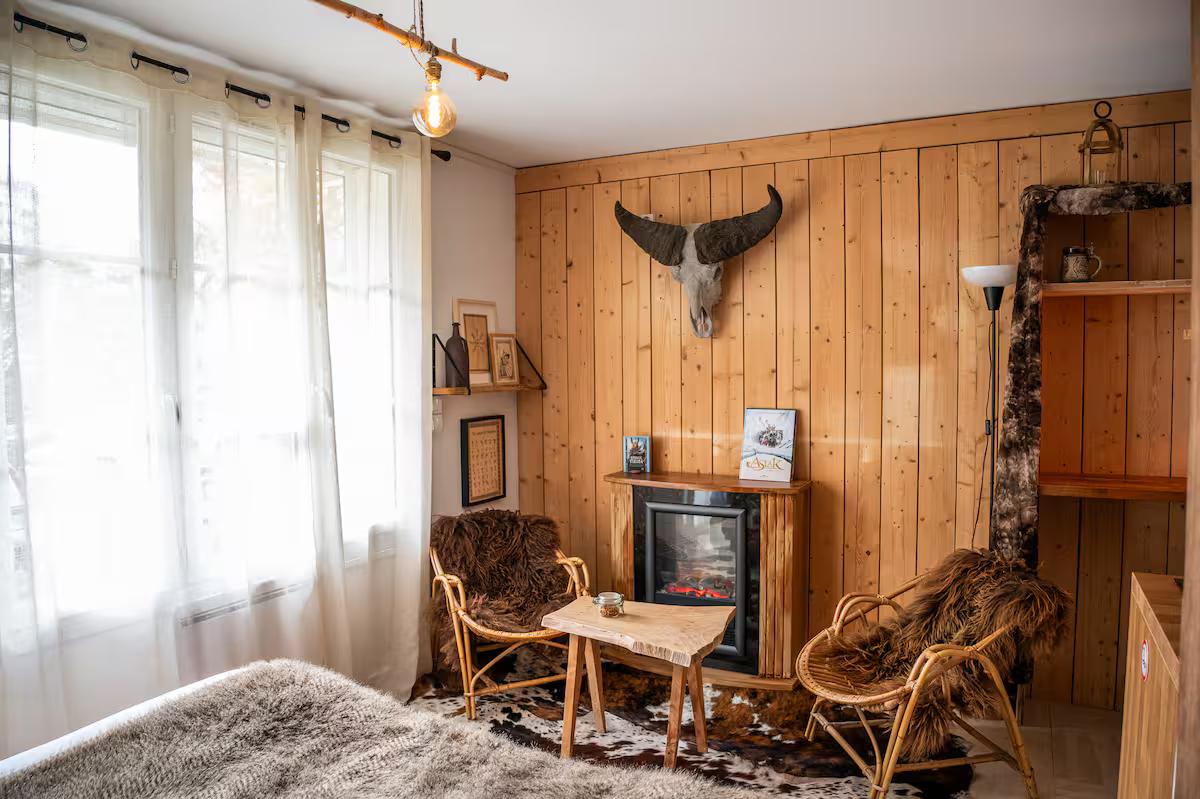 Pièce de vie & Cheminée électrique - Studio Viking - Votre Expérience Insolite