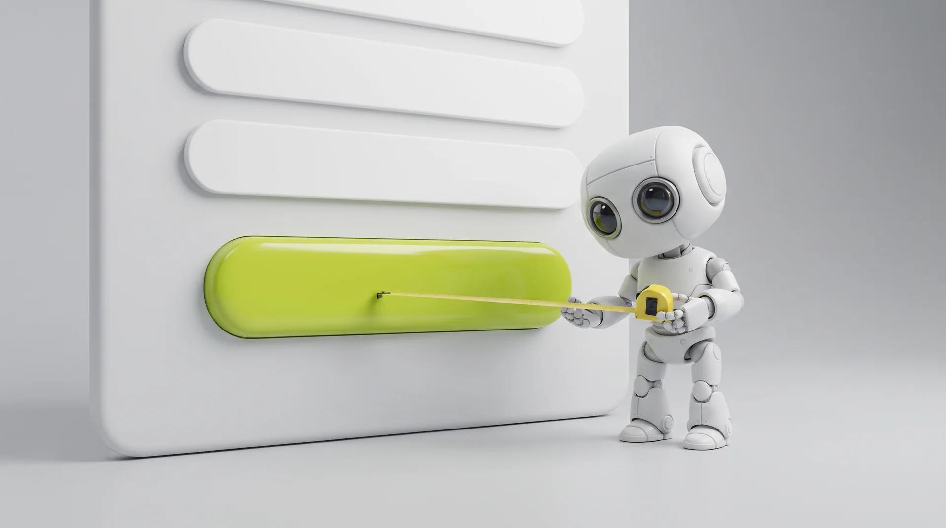 Un pequeño robot blanco mide con una cinta de medir un gran botón verde lima en una interfaz web gigante.