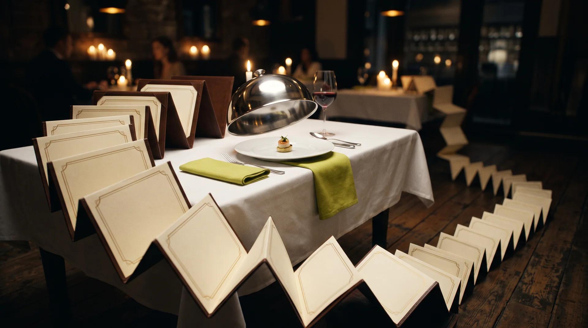 Una mesa de restaurante elegante con una carta interminable que se despliega hasta el suelo y, al centro, un plato con un solo bocado bajo una campana de plata.