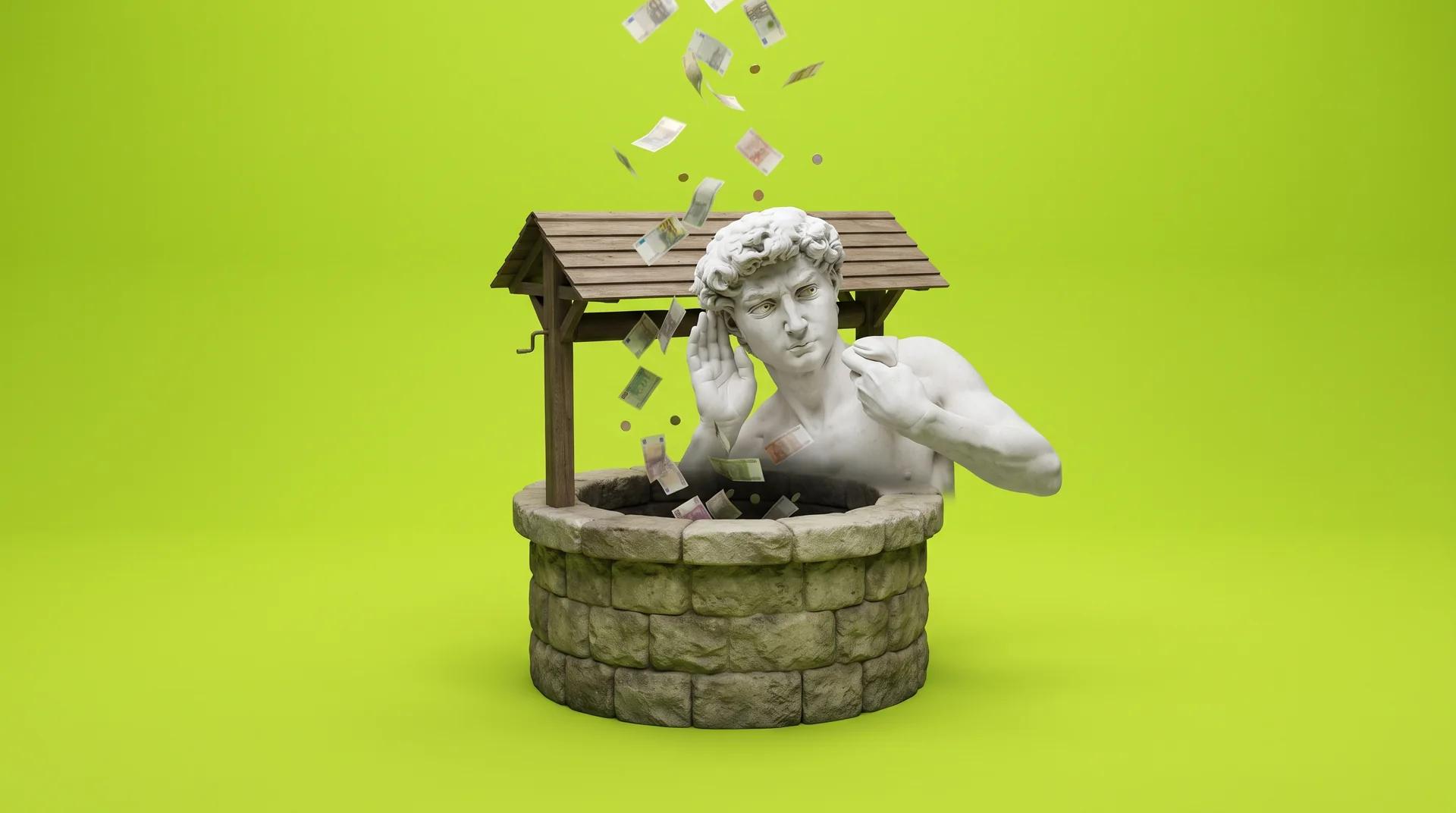 Una estatua de mármol al estilo del David de Miguel Ángel, asomada a un pozo de los deseos, escucha con la mano en la oreja mientras caen billetes y monedas.