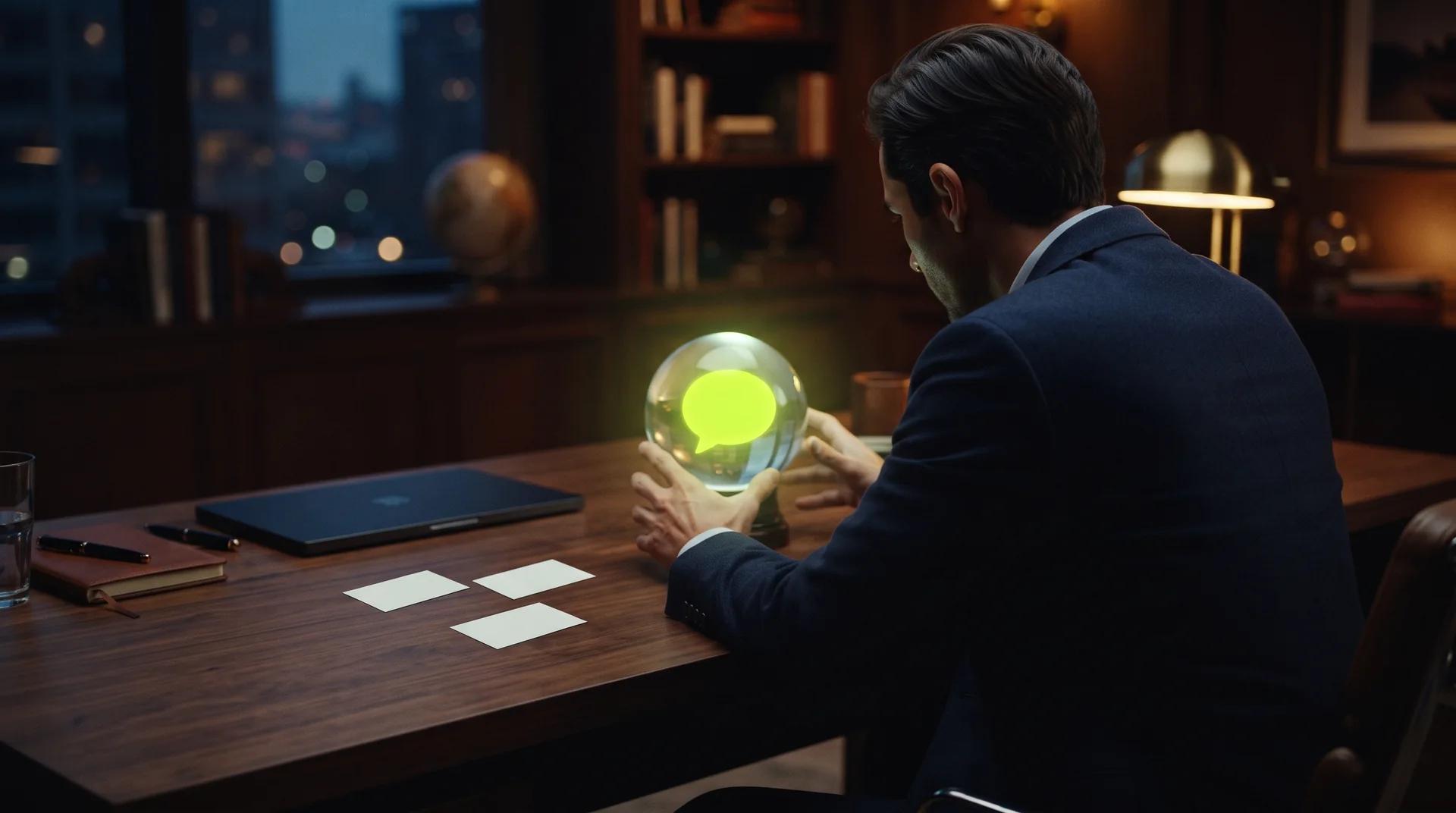 Un ejecutivo de traje mira una bola de cristal con una burbuja de chat verde lima, junto a tres tarjetas de presentación sobre su escritorio.