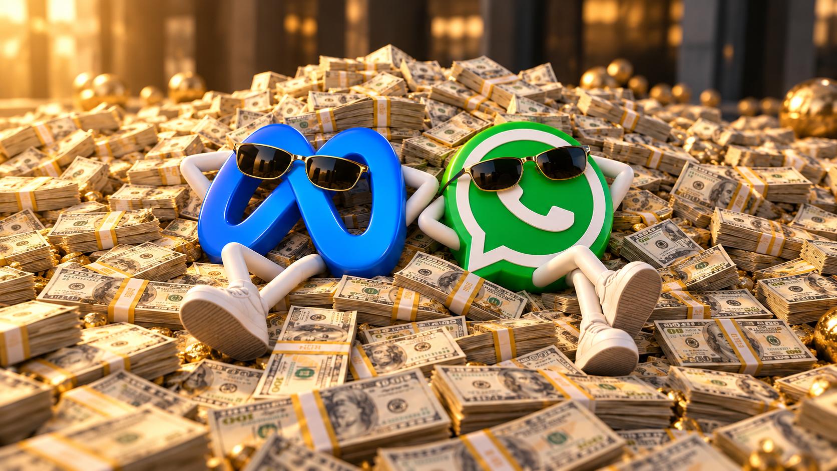 Representación gráfica del logotipo de Meta y WhatsApp con piernitas y manitas reposando sobre una montaña de dinero mientras usan lentes. Se les observa relajados.
