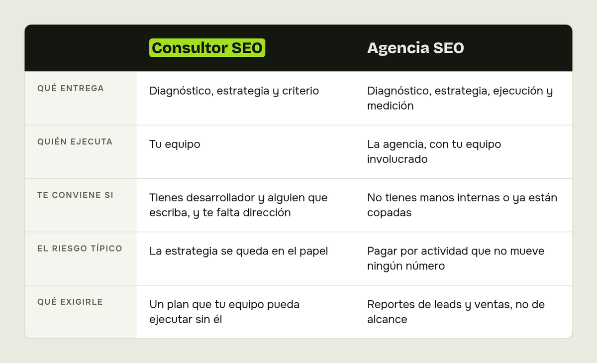 Tabla comparativa: consultor SEO vs agencia SEO