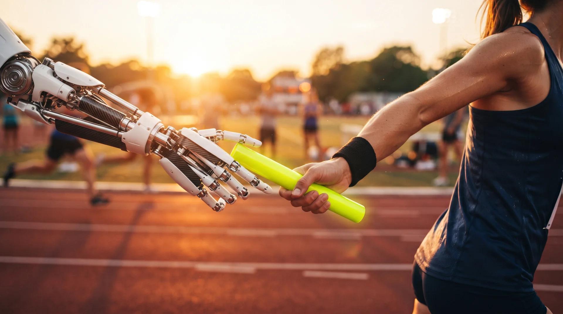 Una mano robótica le pasa el bastón verde lima de una carrera de relevos a la mano de una corredora, en una pista de atletismo al atardecer.