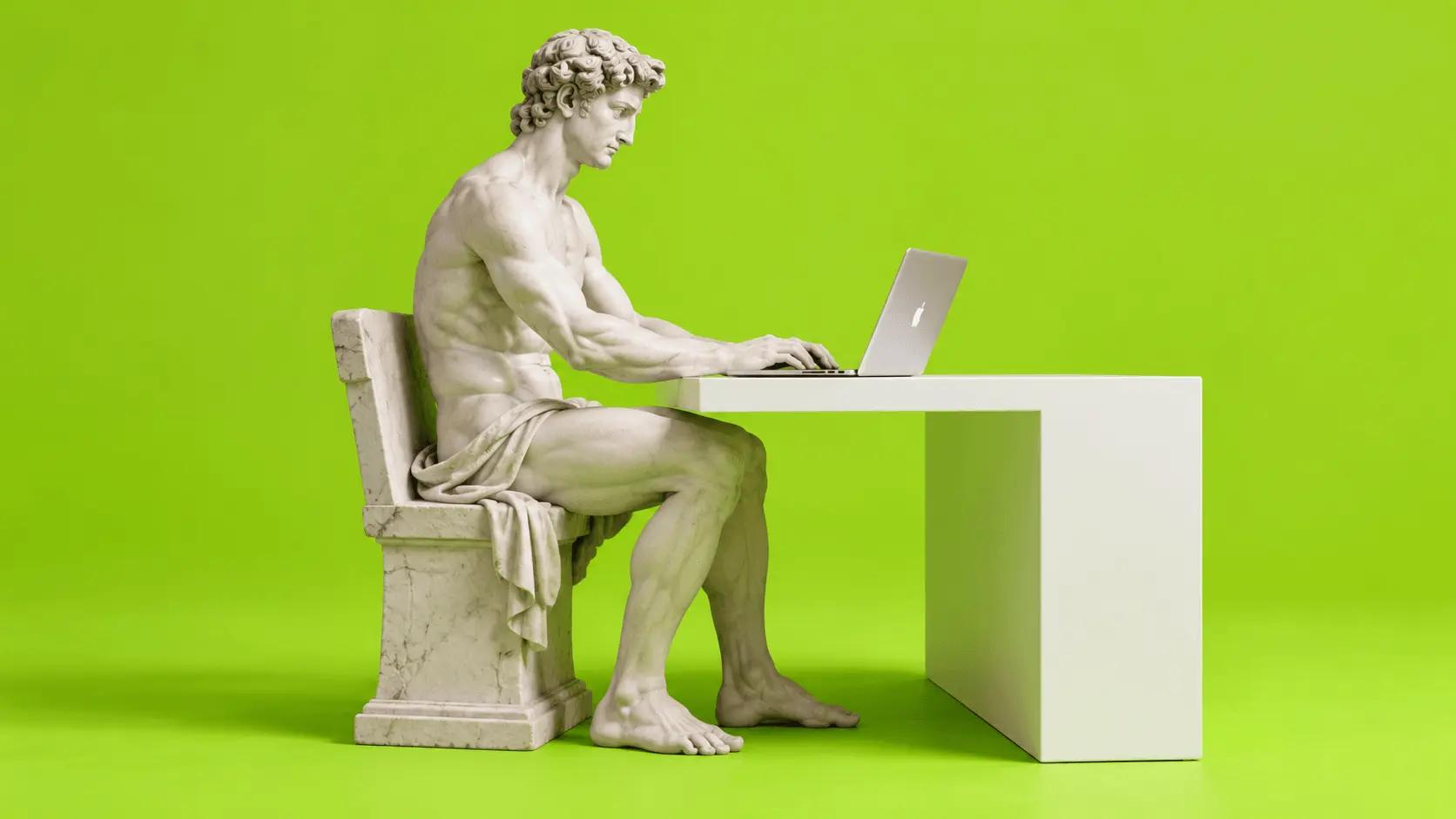 miguelangel (la escultura) navegando en un computador mac sentado en una silla de piedra y un escritorio minimalista sobre un fondo verde lima intenso.