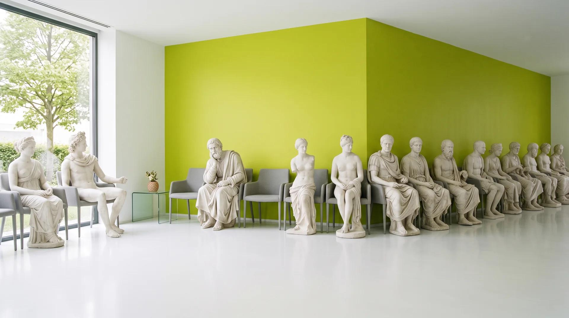 Una sala de espera de clínica, moderna y luminosa, con todas las sillas ocupadas por estatuas clásicas de mármol que esperan su turno.
