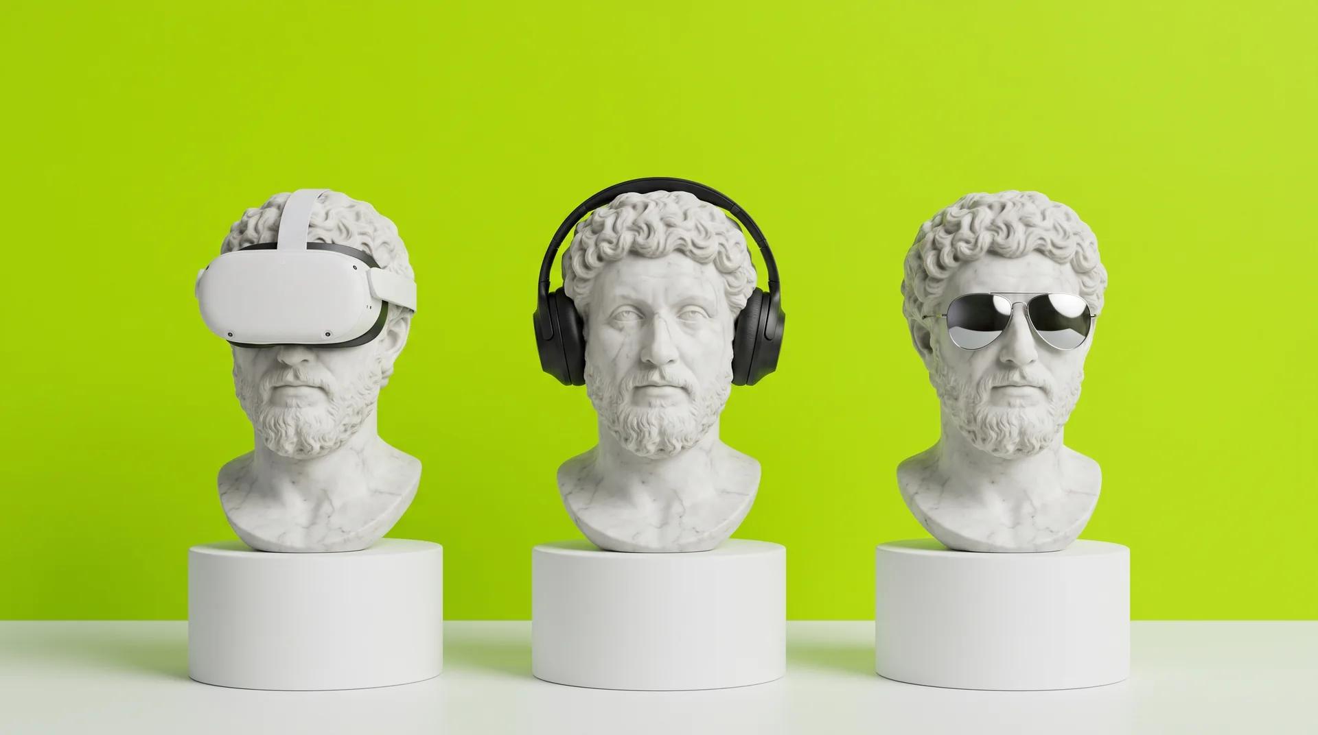 Tres bustos idénticos de mármol de un mismo hombre romano, uno con visor de realidad virtual, otro con audífonos y otro con lentes de sol, sobre fondo verde lima.