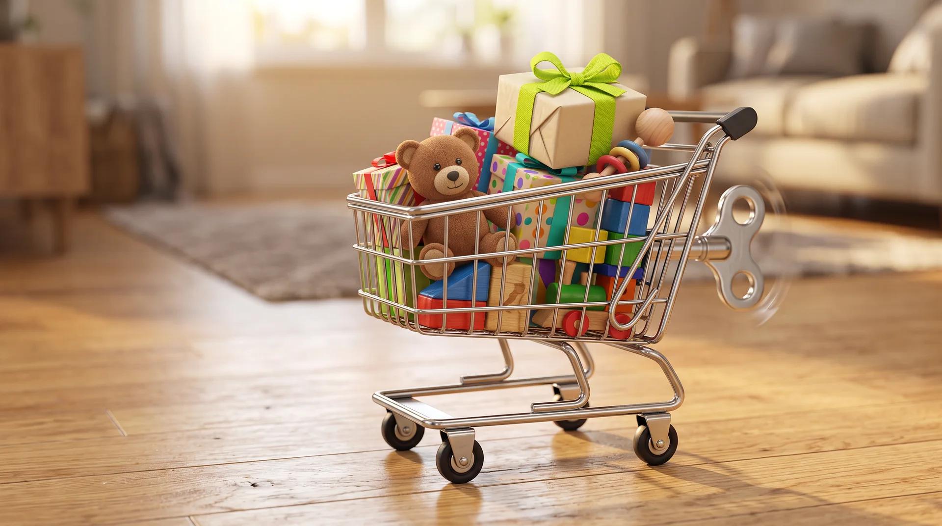 Un carrito de supermercado de juguete, con una llave de cuerda en la espalda, que avanza solo cargado de regalos, un oso de peluche y bloques de madera.