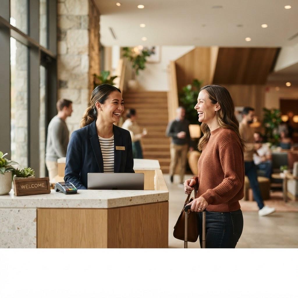 A friendly receptionist greeting a customer at a bright front desk