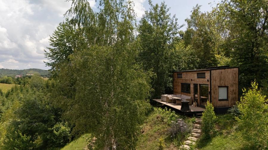 Aerial view of the Hypo tiny house in the Apuseni Mountains at Coniferis Retreat