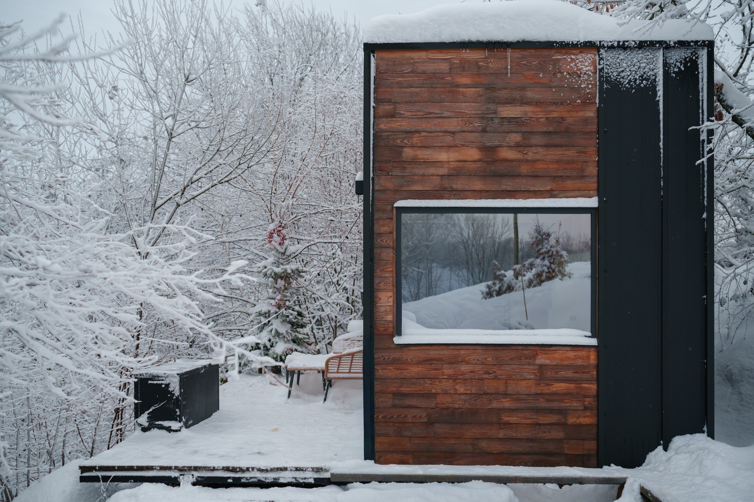 Pistacchio cabin in winter, in the snowy Apuseni Mountains landscape
