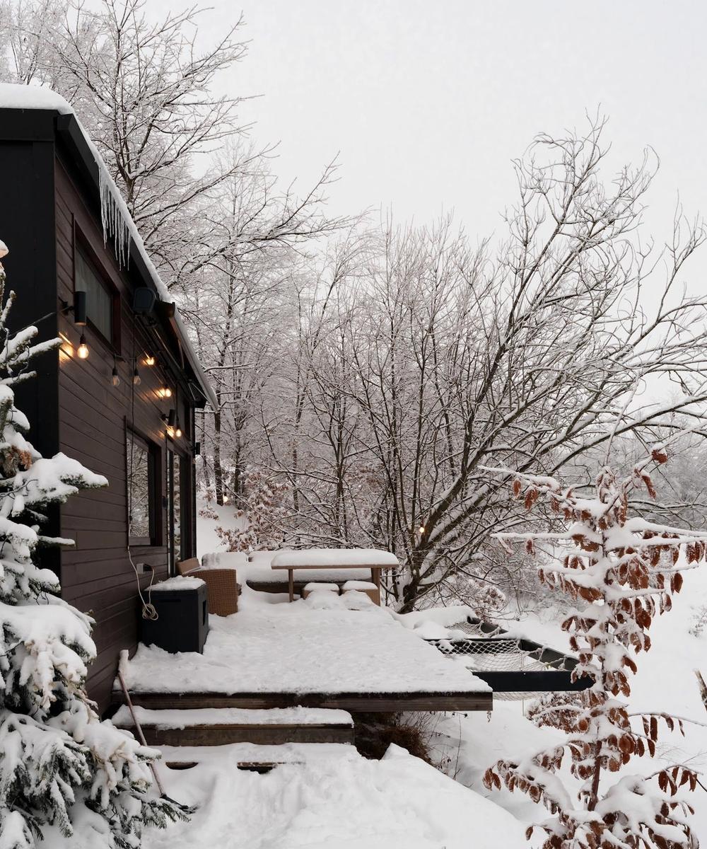 Dyno cabin in winter – Coniferis Dyno cabin in winter among snow-covered fir trees at Coniferis Retreat