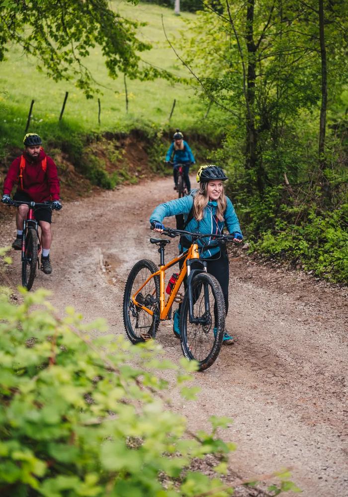 40 kilometres, with a sustained climb at the start A cyclist cornering on a forest road in the Pădurea Craiului Mountains