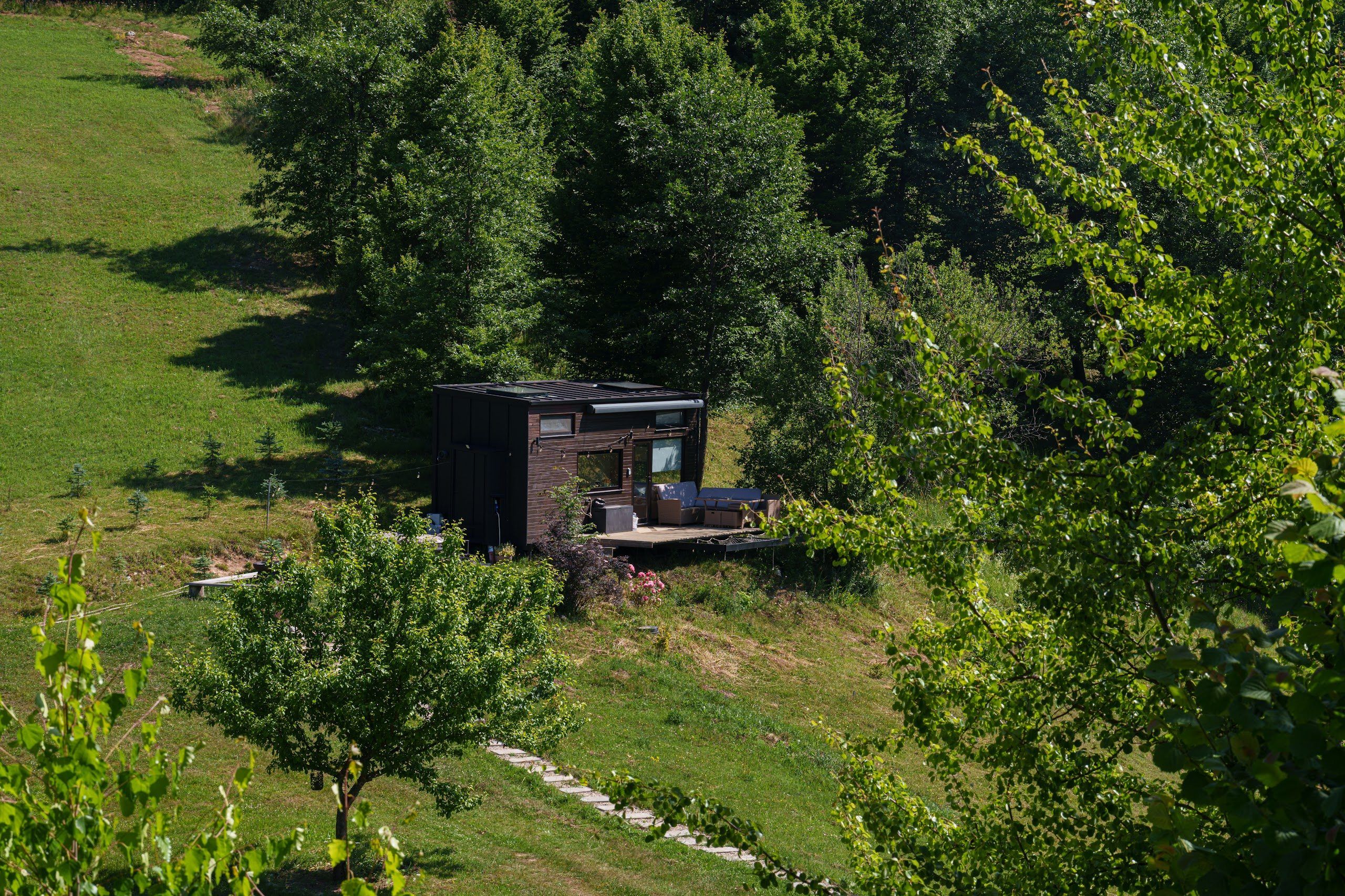 Aerial view in summer of Dyno cabin surrounded by fir forest