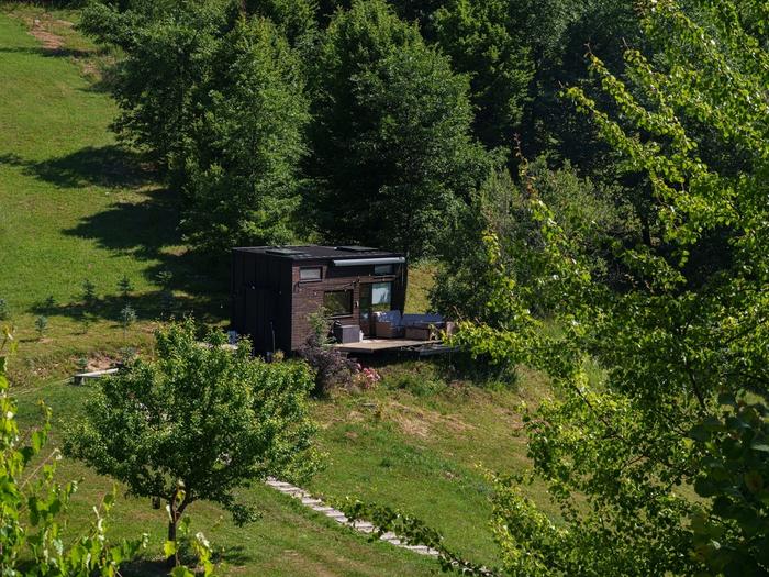 Aerial view in summer – Dyno Aerial view in summer of Dyno cabin surrounded by fir forest