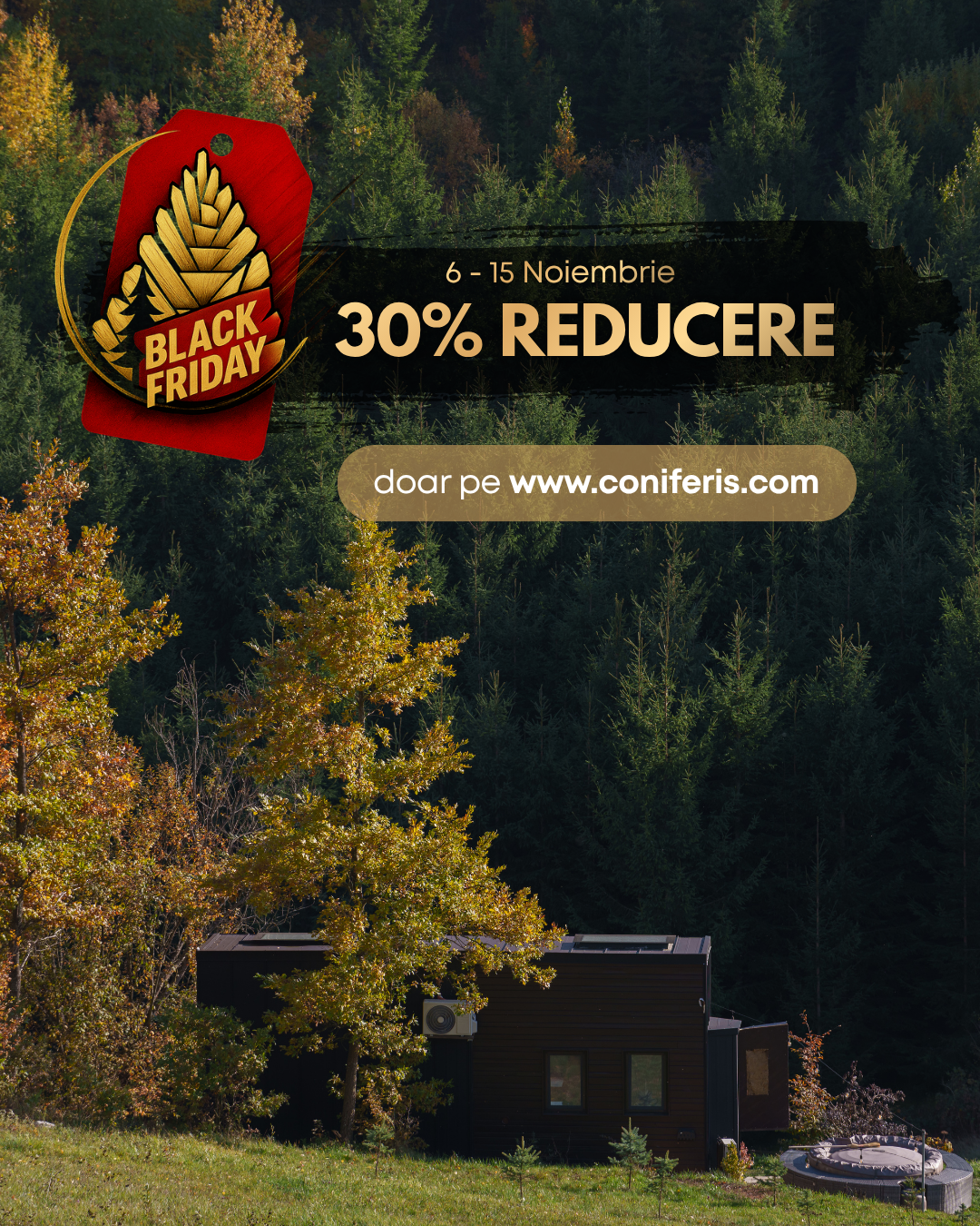 Black Friday at Coniferis Retreat: 30% off, 6–15 November, cabins in the conifer forest of the Apuseni Mountains