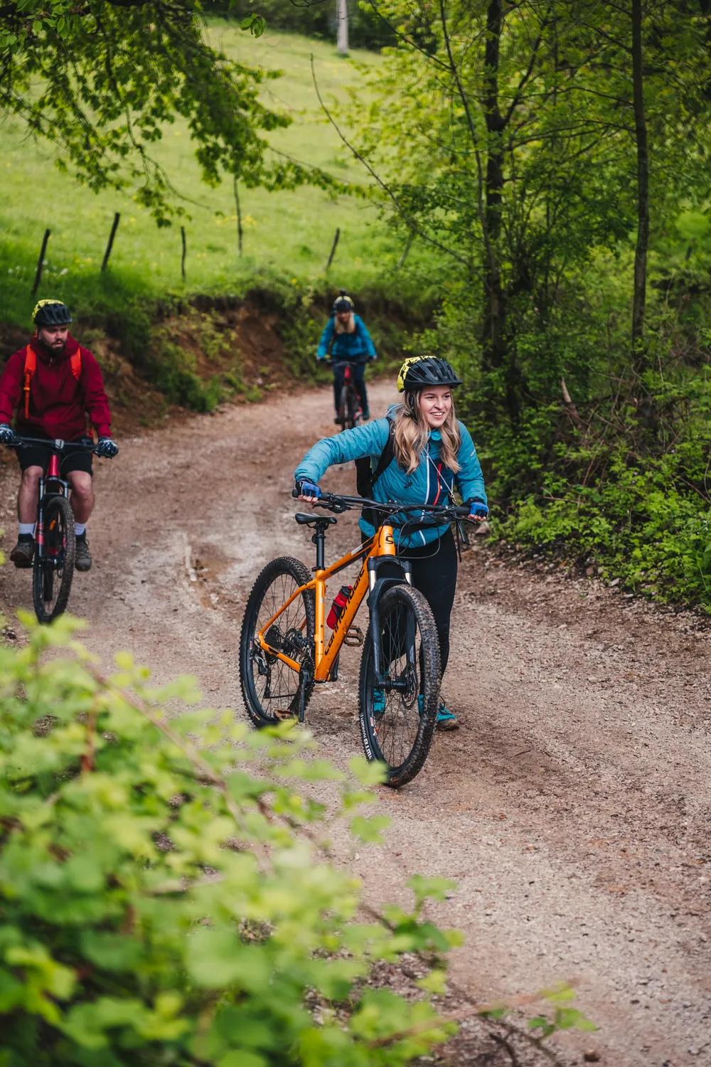 Two cyclists on a forest road in the Pădurea Craiului Mountains