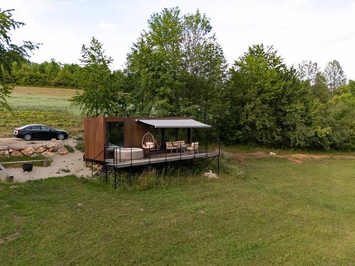 Tiramisu – aerial view Aerial view of the Tiramisu tiny house and the lavender field in the Apuseni Mountains