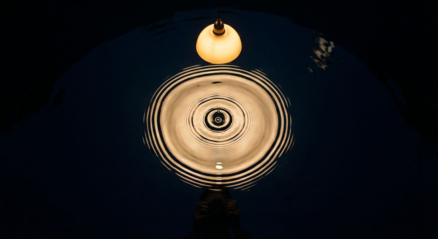 Concentric ripples expanding across dark water illuminated by a single warm light from above