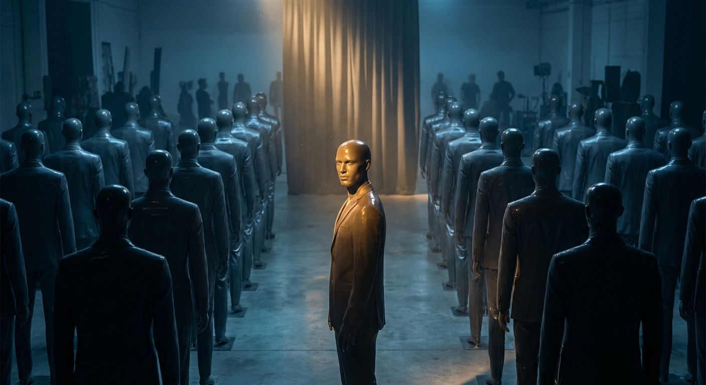 Rows of identical figures with one turned to face the camera, standing out from the crowd under a warm spotlight