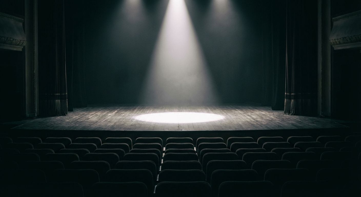 A single spotlight illuminating the center of an empty theater stage with dark curtains and empty seats
