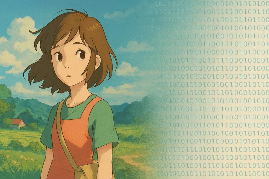 An anime girl in a countryside scene, the right half overlaid by binary code.