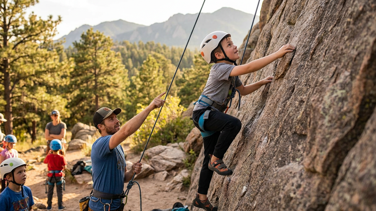 Students climbing with the professional guiding them