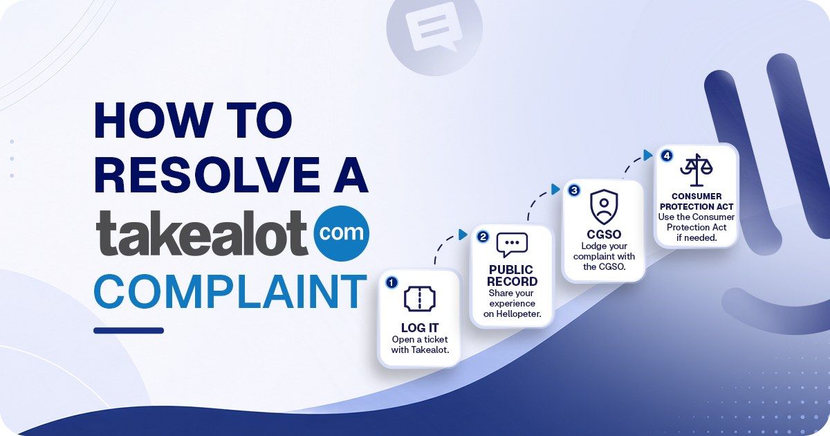 The steps to resolve a Takealot complaint, from logging it to escalating to the CGSO ombud