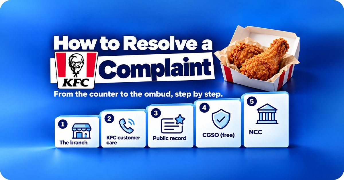 The steps to resolve a KFC complaint in South Africa, from the branch to the Consumer Goods and Services Ombud