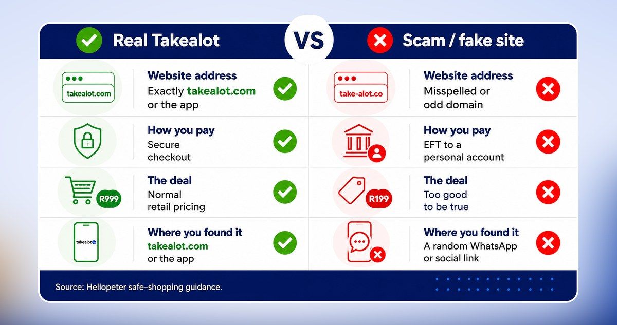 How to tell the real Takealot from a fake site: the web address, how you pay, the deal, and where you found the link