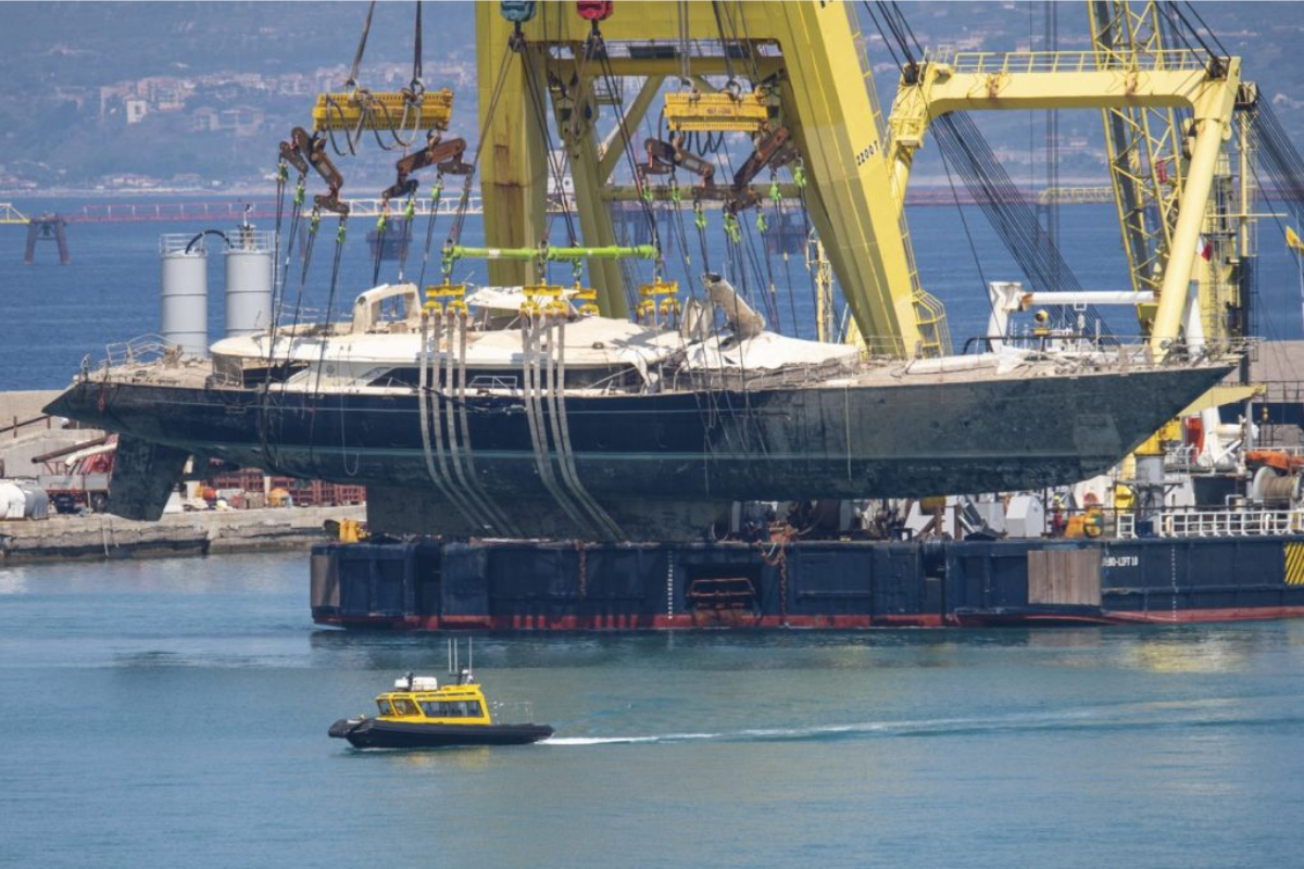 Superyacht lifted by crane.