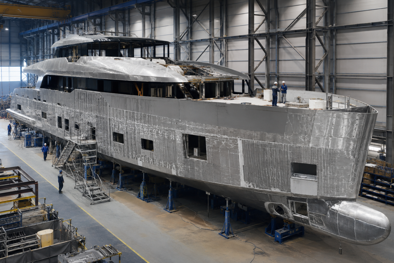 Large superyacht under construction inside a shipyard.