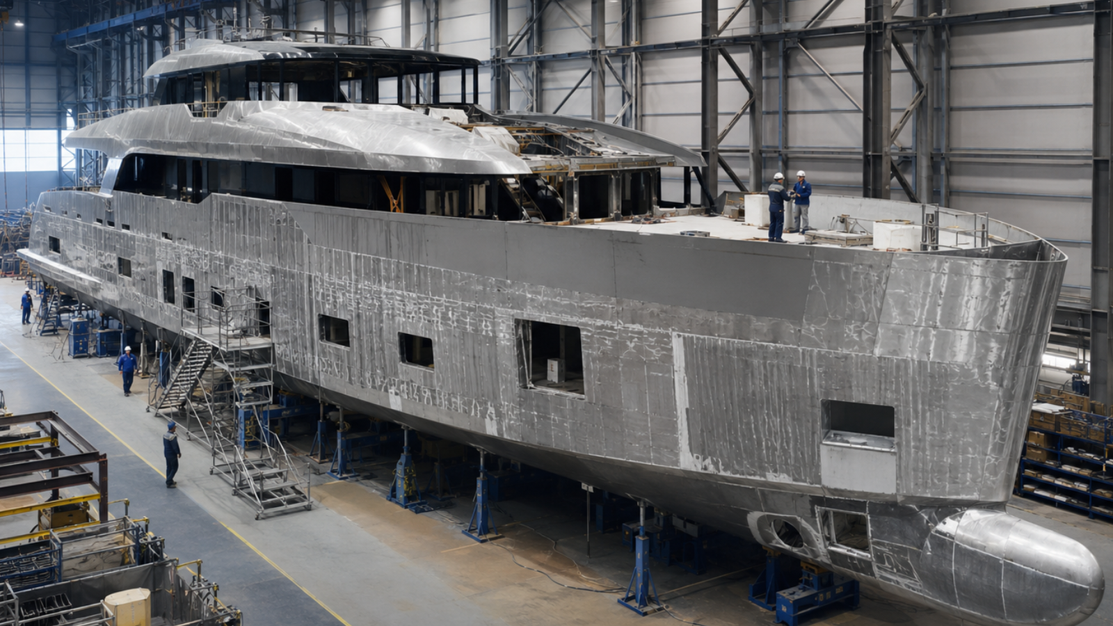 Large superyacht under construction inside a shipyard.