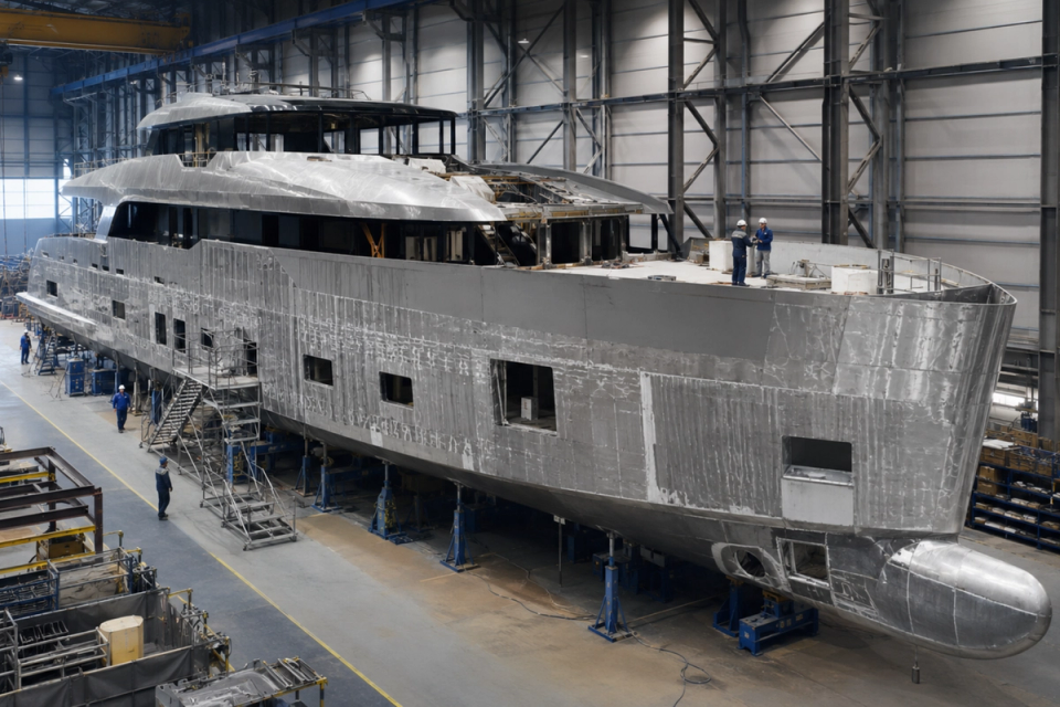 Large superyacht under construction inside a shipyard.