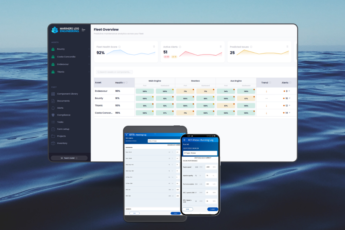 Mariners Log vessel management dashboard displayed over a maritime background.