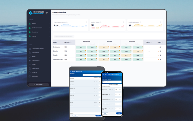 Mariners Log vessel management dashboard displayed over a maritime background.