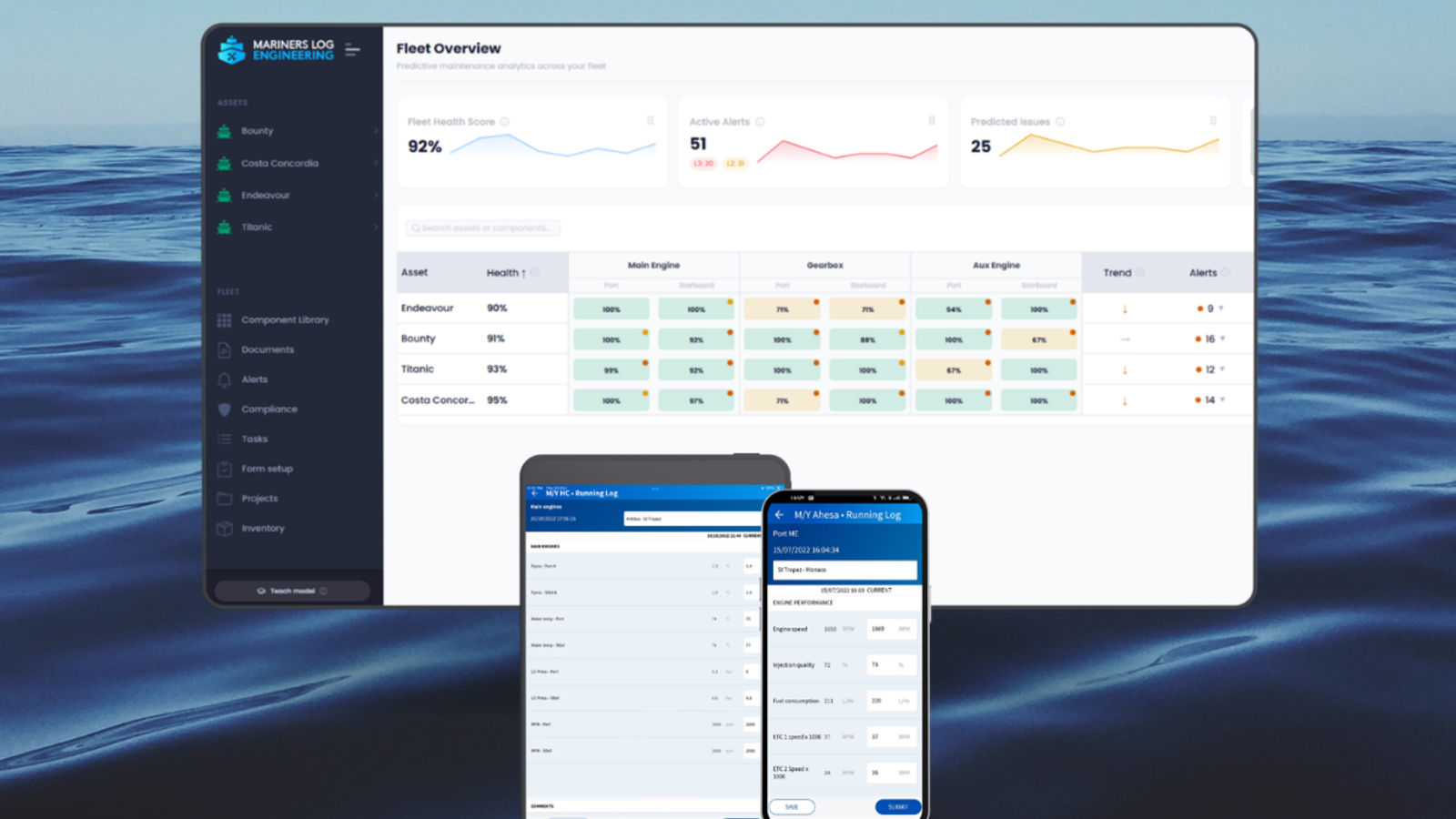 Mariners Log vessel management dashboard displayed over a maritime background.