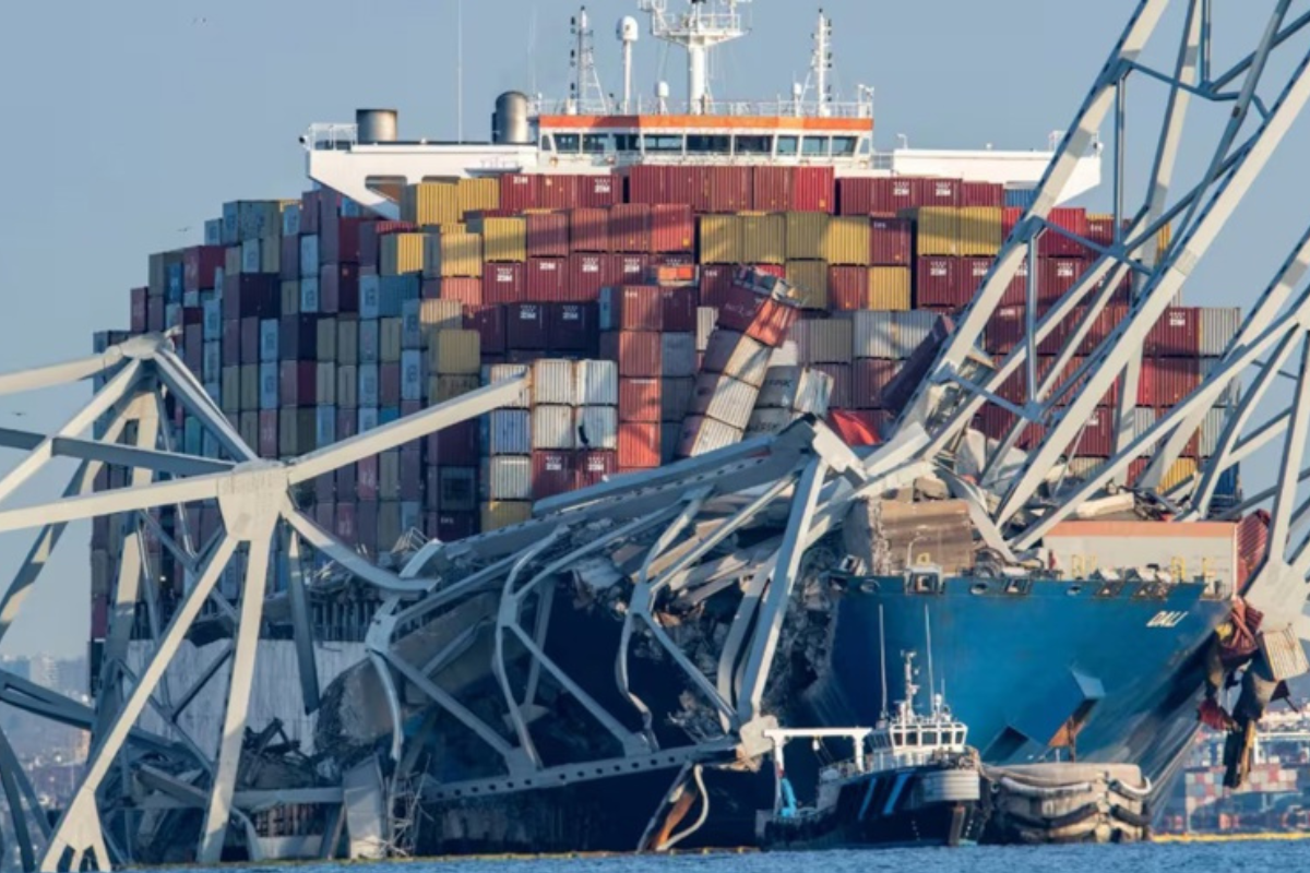 Ship after it crashed into a steel bridge