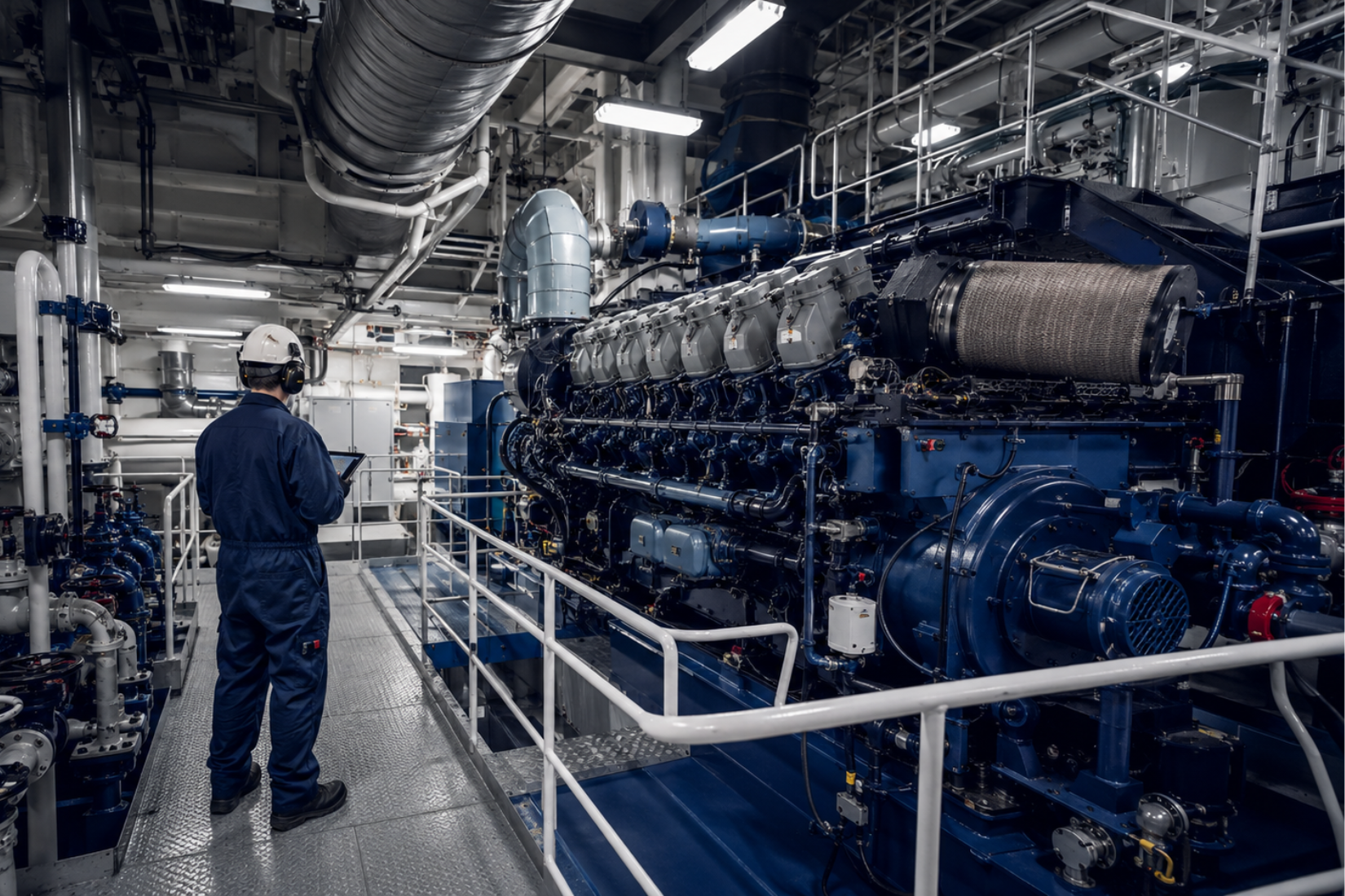 Engineer standing beside a large marine diesel engine in a vessel engine room.