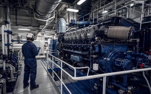 Engineer standing beside a large marine diesel engine in a vessel engine room.