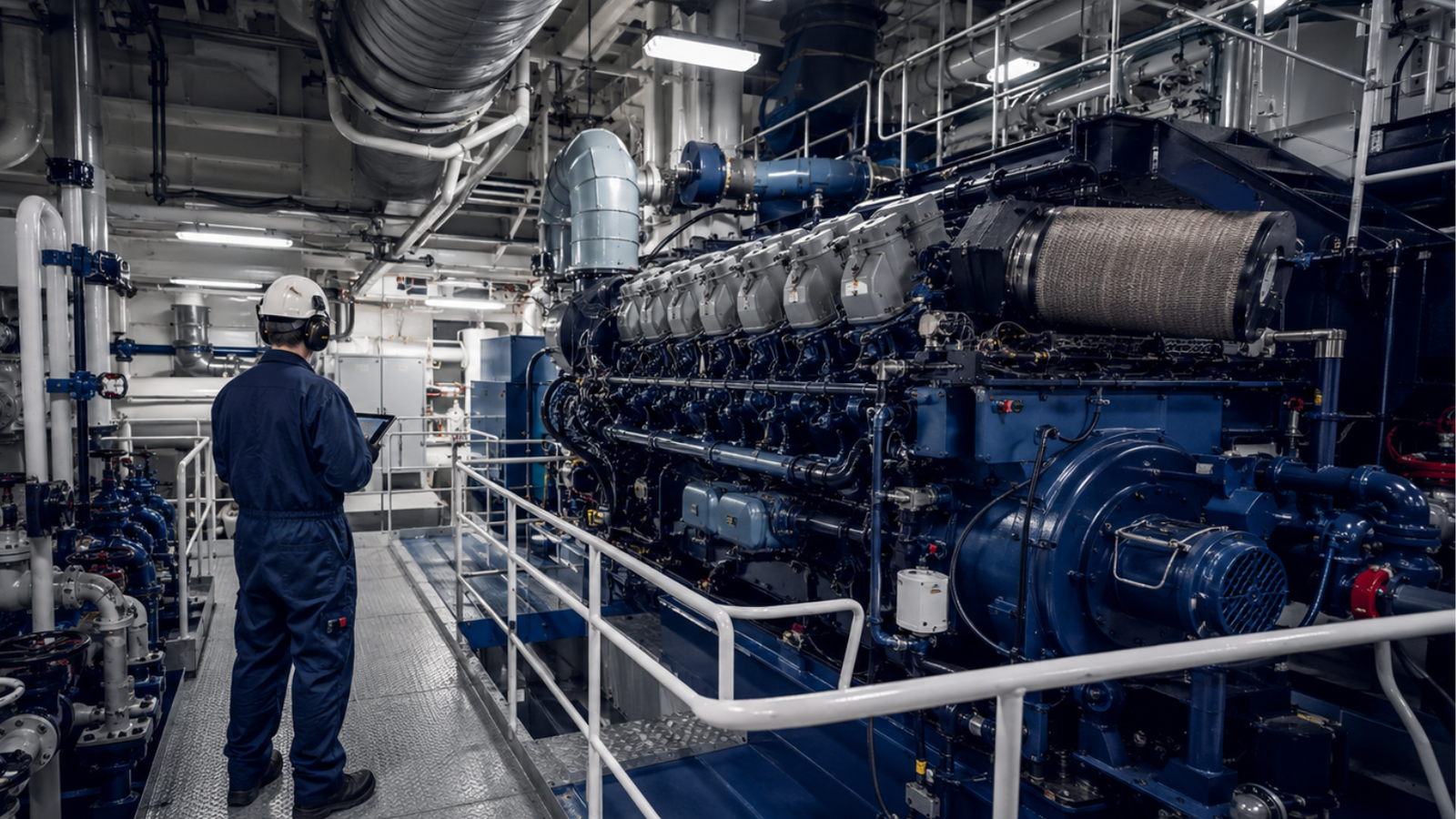 Engineer standing beside a large marine diesel engine in a vessel engine room.