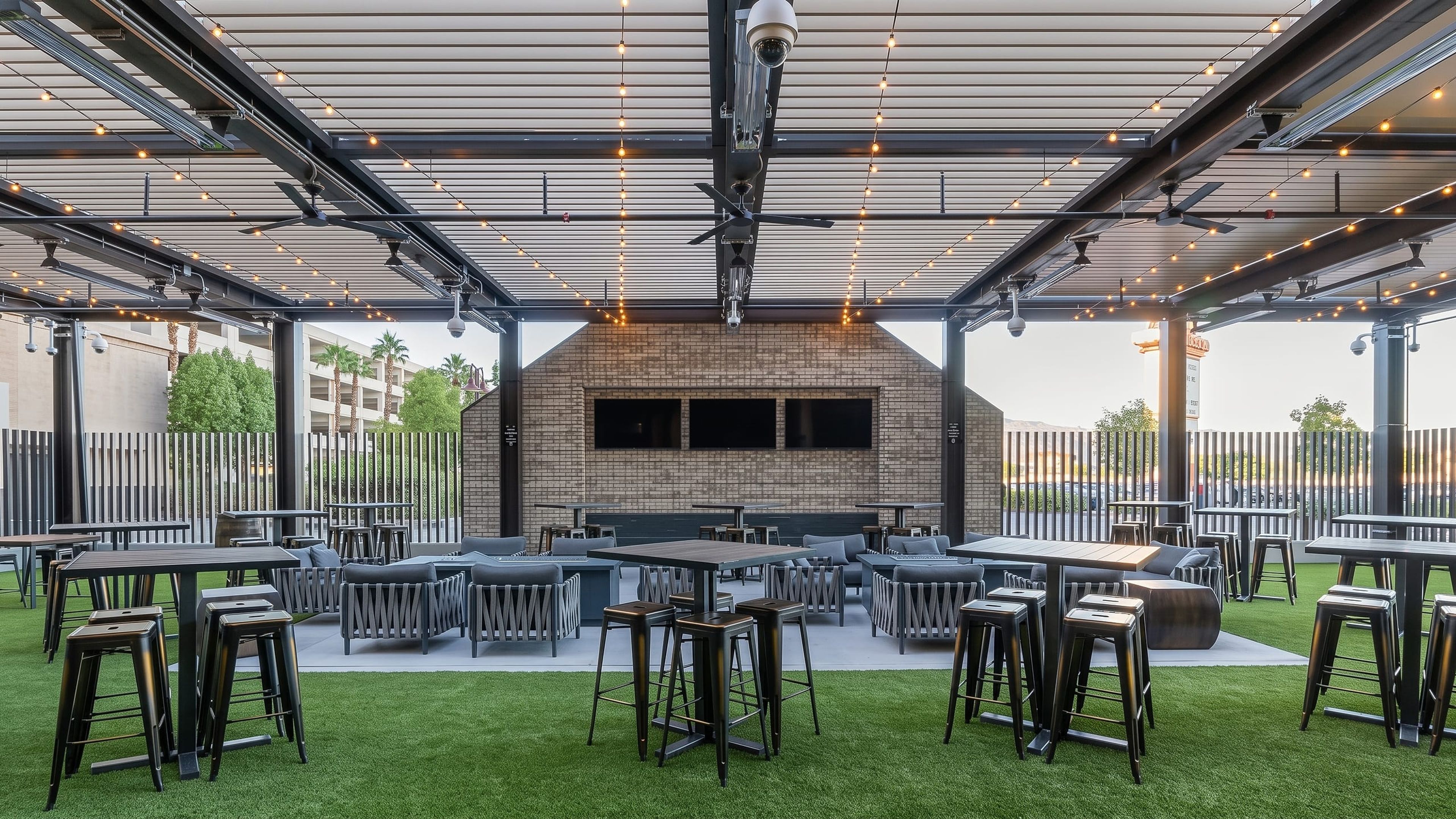 Adobe Tan ATLAS louvers over the lawn seating area at Santa Fe Station, Las Vegas