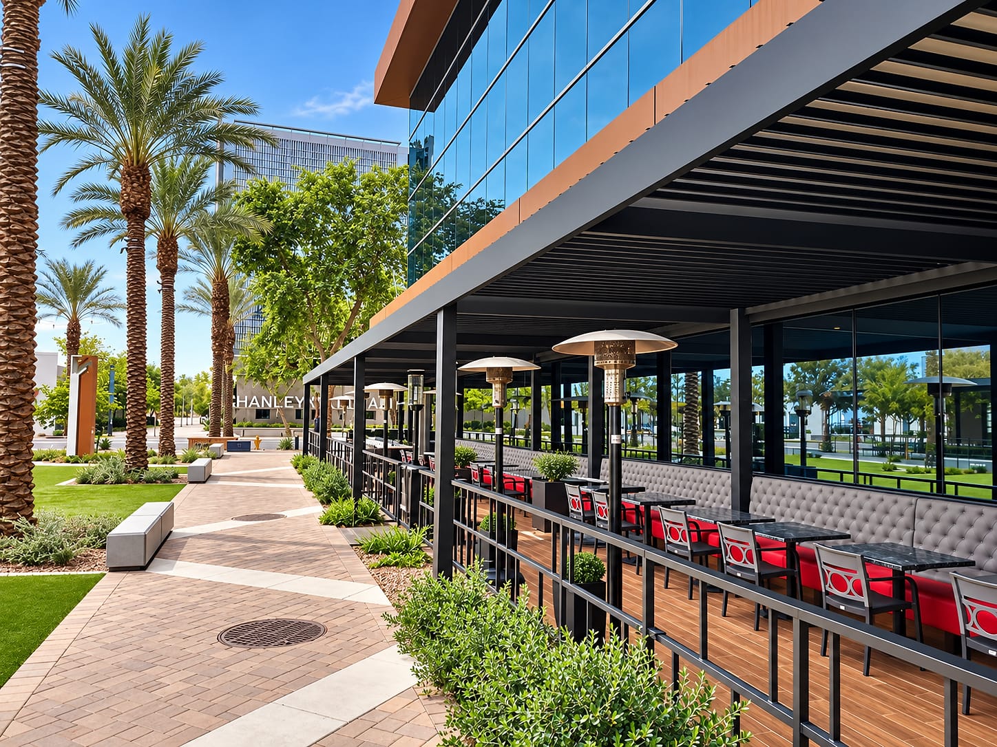 Espresso louvered patio cover over the dining patio at DC Steakhouse, Phoenix