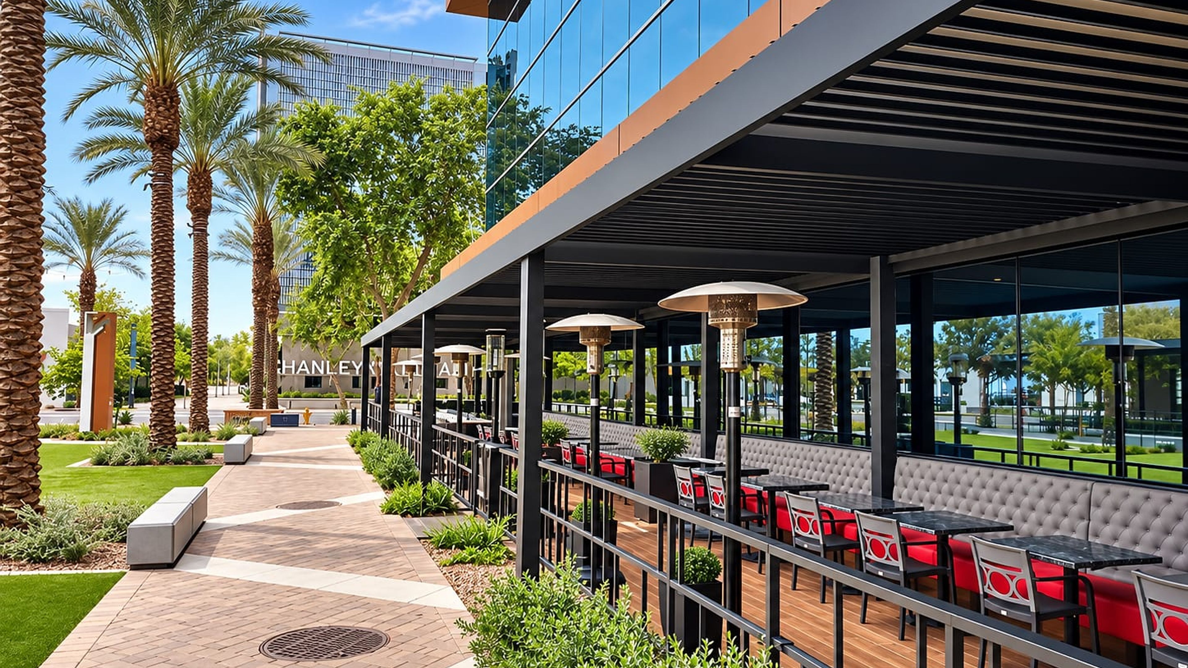 Espresso louvered patio cover over the dining patio at DC Steakhouse, Phoenix