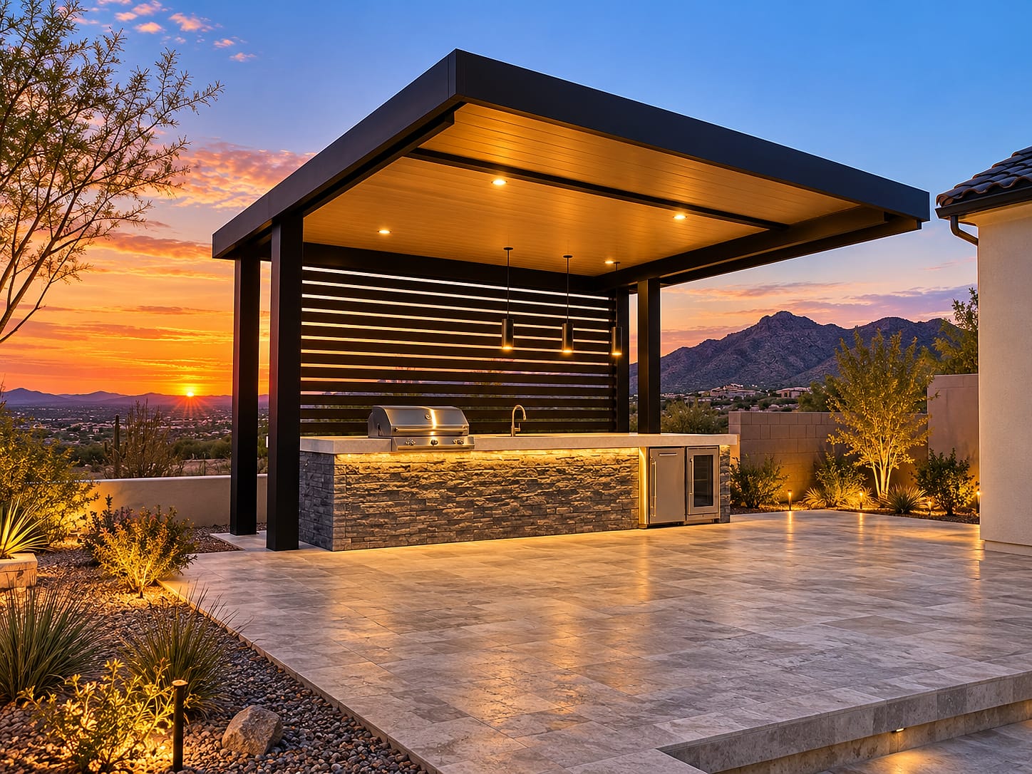 Patio cover with a Sandalwood ceiling and lattice wall over an outdoor kitchen at sunset