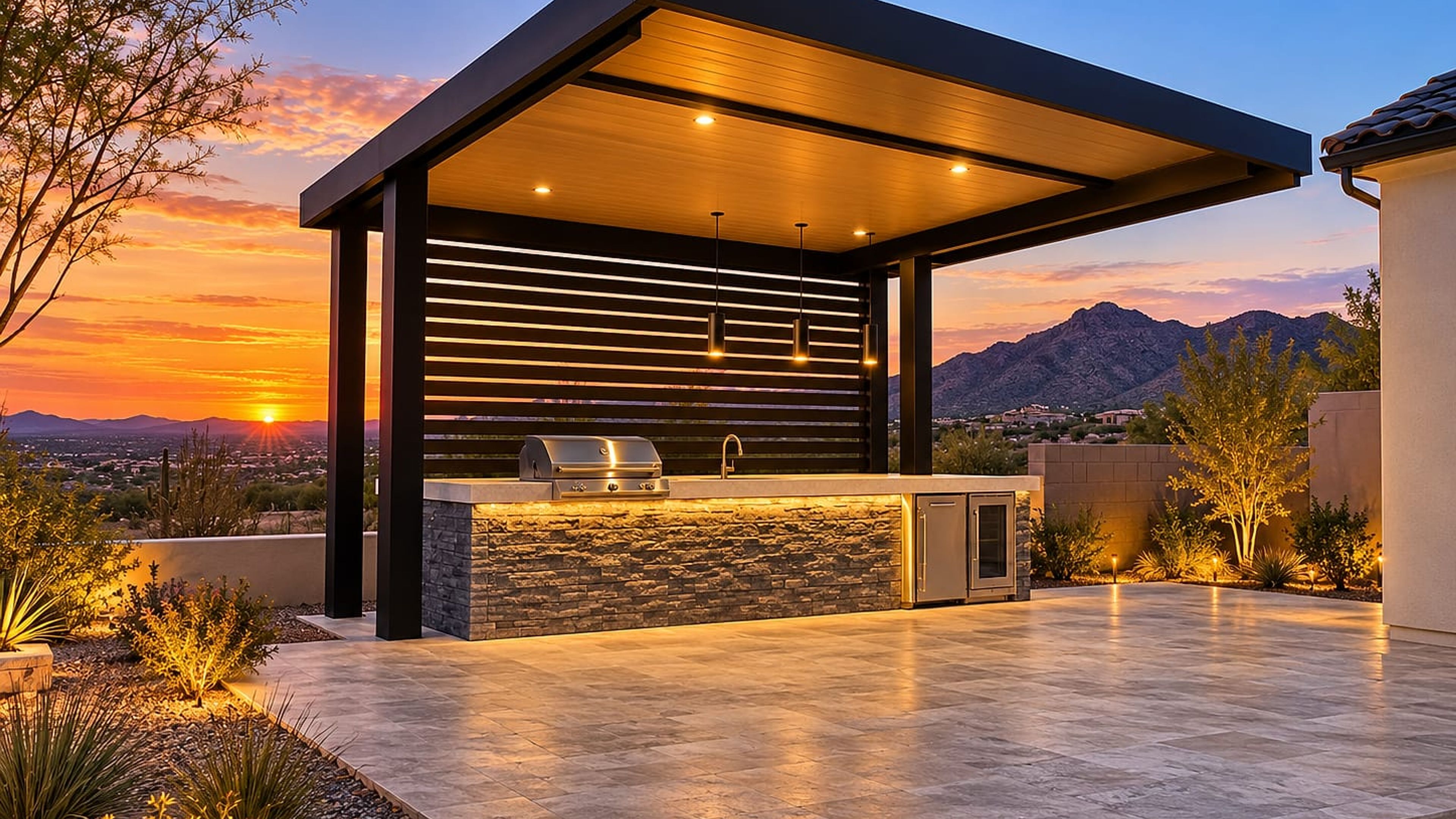 Patio cover with a Sandalwood ceiling and lattice wall over an outdoor kitchen at sunset