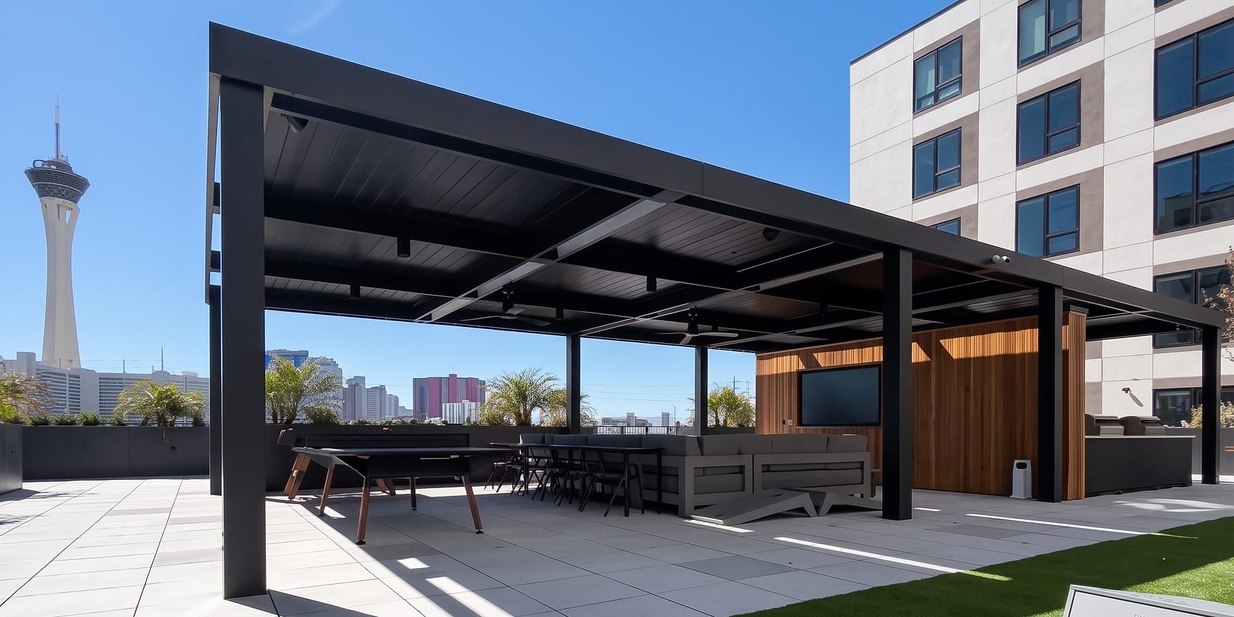 Black louvered roof over a rooftop lounge in the Las Vegas Arts District