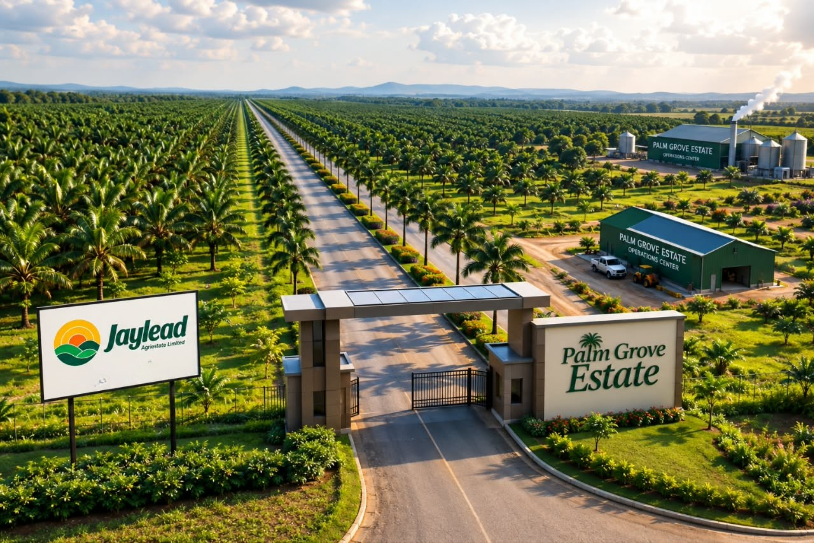 Artist's impression of Palm Grove Estate by Jaylead AgriEstate Limited: a gated entrance and road through rows of oil palms, with an operations center and silos beyond.